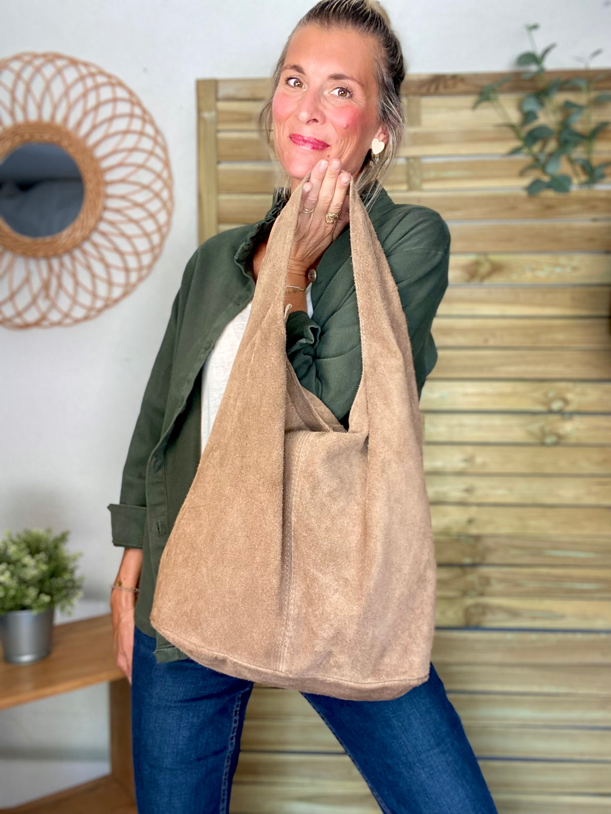 Sac cabas hobo cuir daim MARLON - Beige taupe