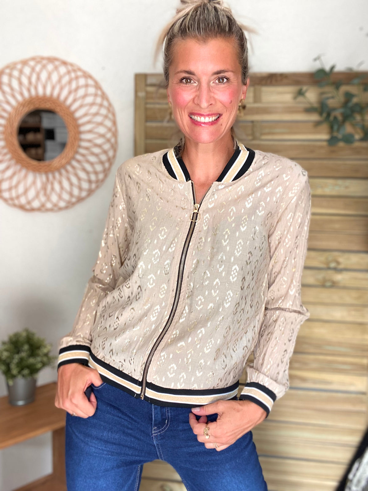 Veste bombers léger EMILY - imprimé Doré Beige (losanges)
