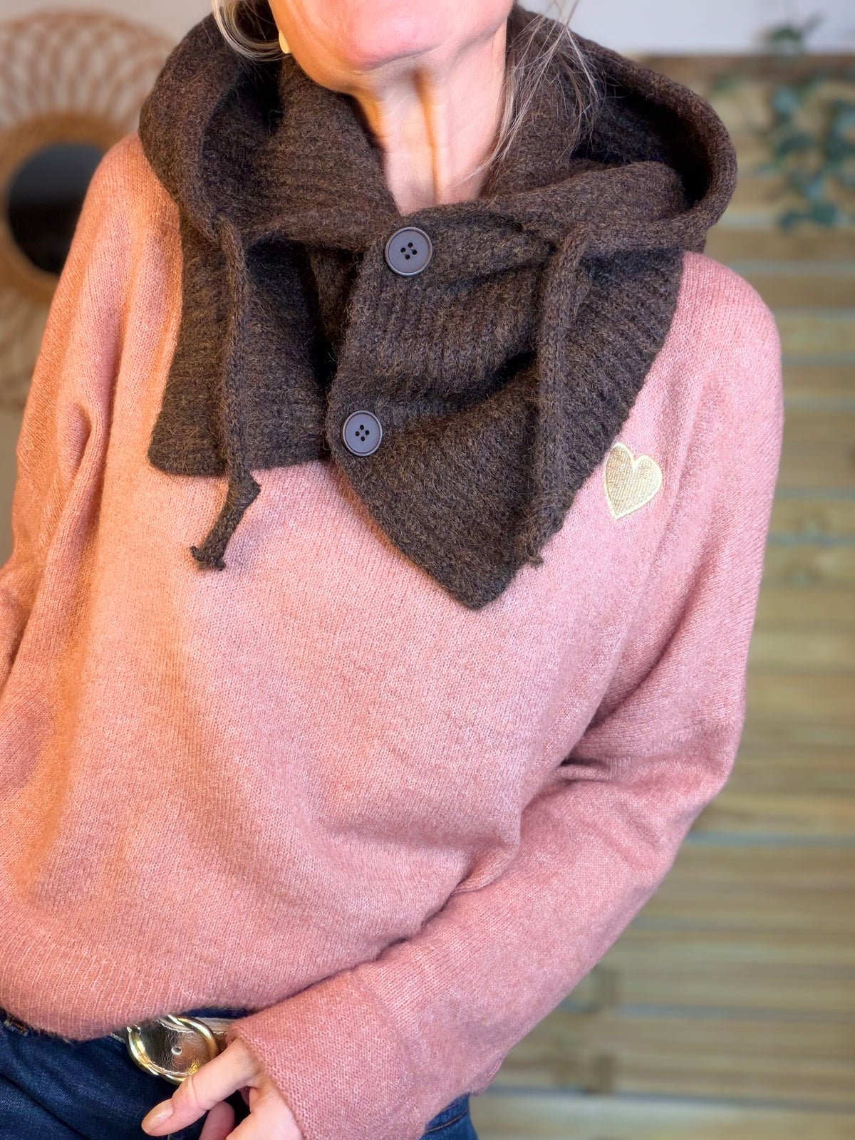 Col cagoule LORIE en maille avec boutons - Chocolat