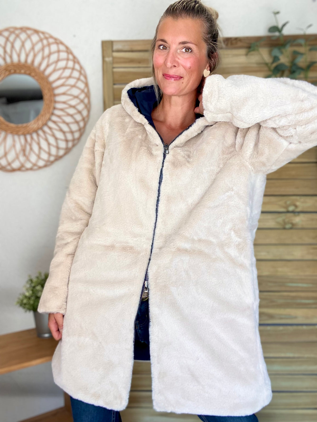 LAURA JO - Parka Imperméable réversible fourrée Bleu marine / Beige ALIX Long