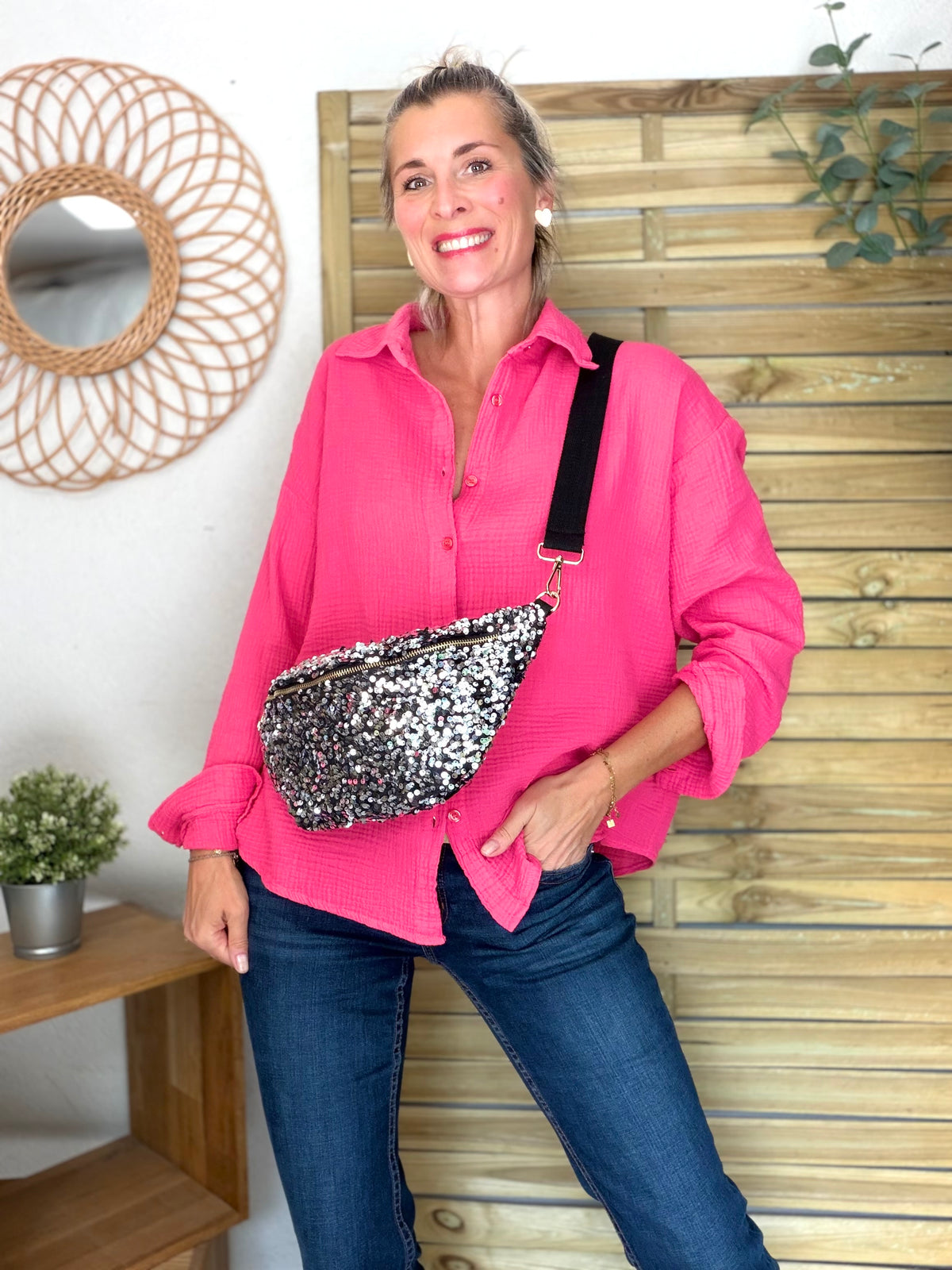 Sac banane L velours à sequins Ciao Boum- TAYLOR - Noir / Argent - DÉSTOCKAGE