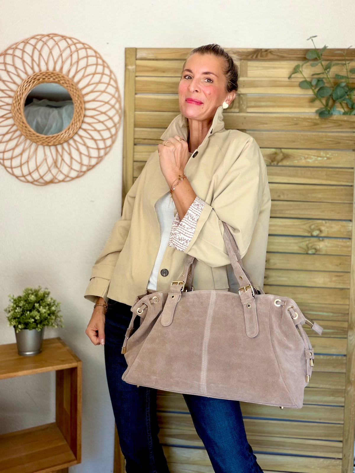 Sac cabas XL en cuir daim • JASPER Taupe