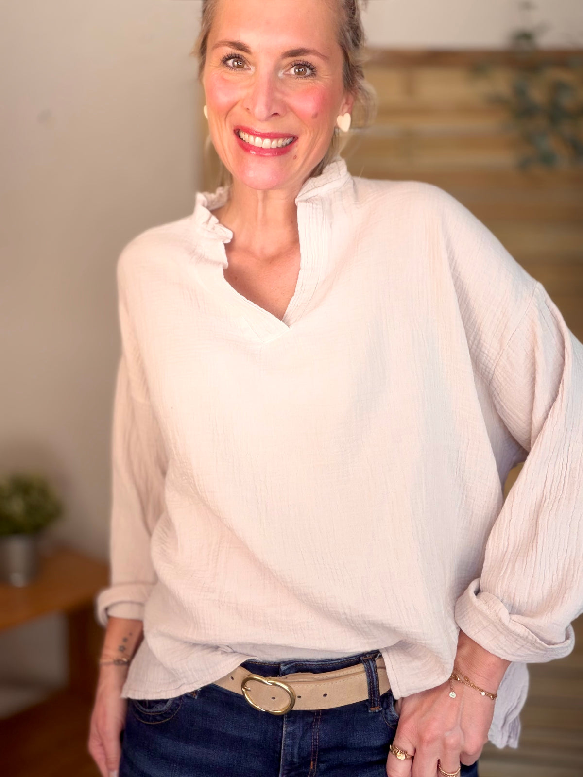 Blouse en gaze de coton SIERRA Beige • FIN DE SÉRIE