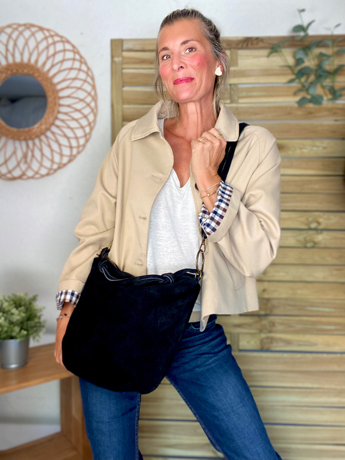 Veste Trench en coton, revers carreaux - YSEULT court Beige