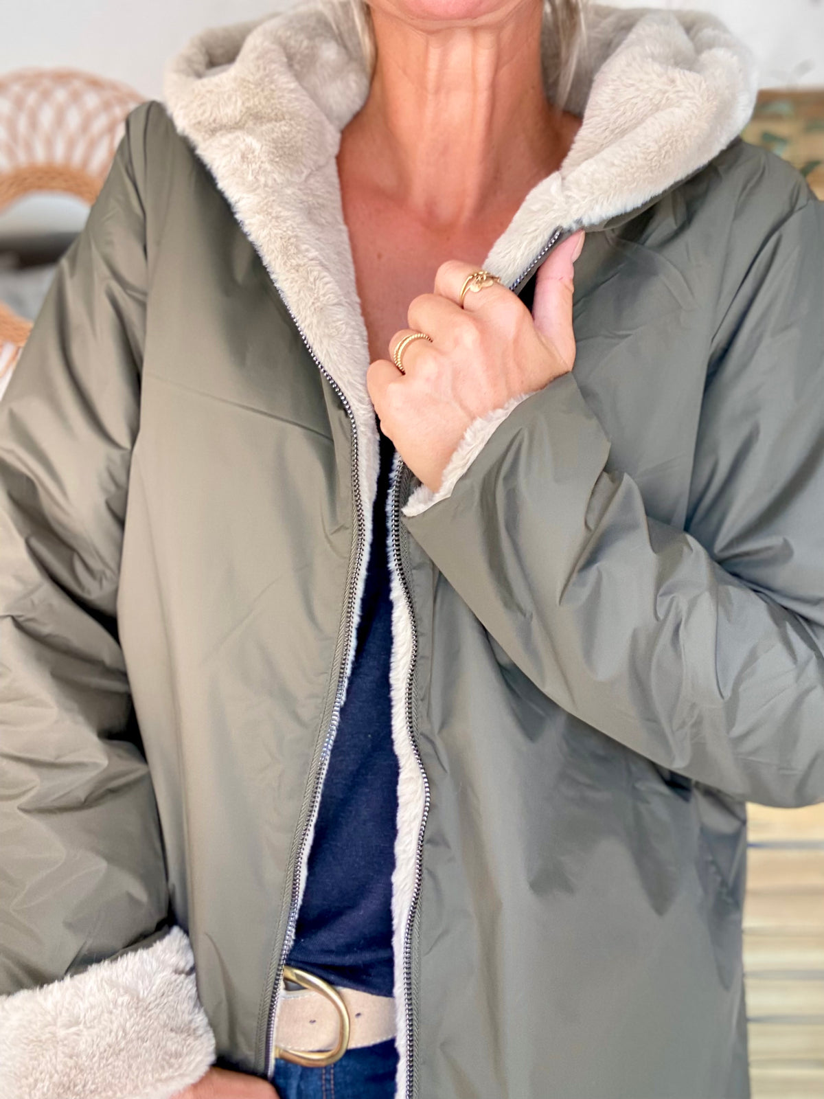 LAURA JO - Parka Imperméable réversible fourrée Kaki / Beige ALIX Long