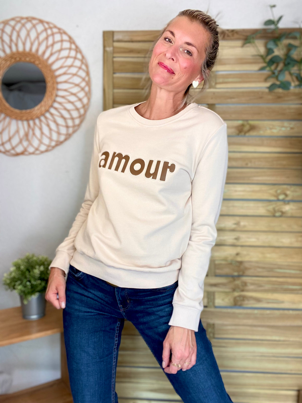 Sweat amour en coton GABRIELLE - Beige et Taupe - FIN DE SÉRIE
