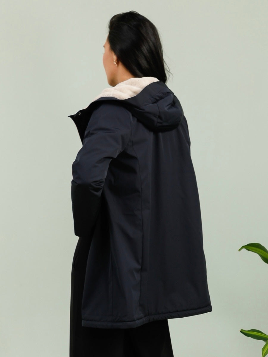 LAURA JO - Parka fourrée imperméable AMBRE LONG - Bleu marine / Beige