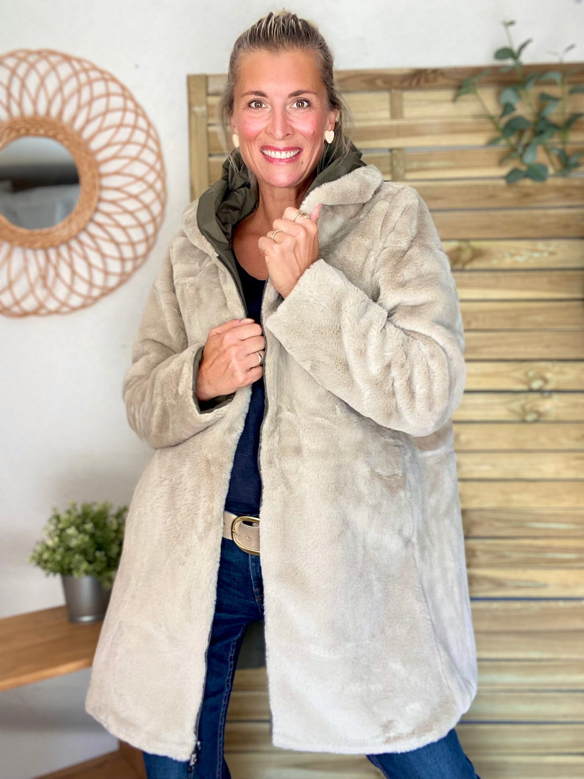 LAURA JO - Parka Imperméable réversible fourrée Kaki / Beige ALIX Long