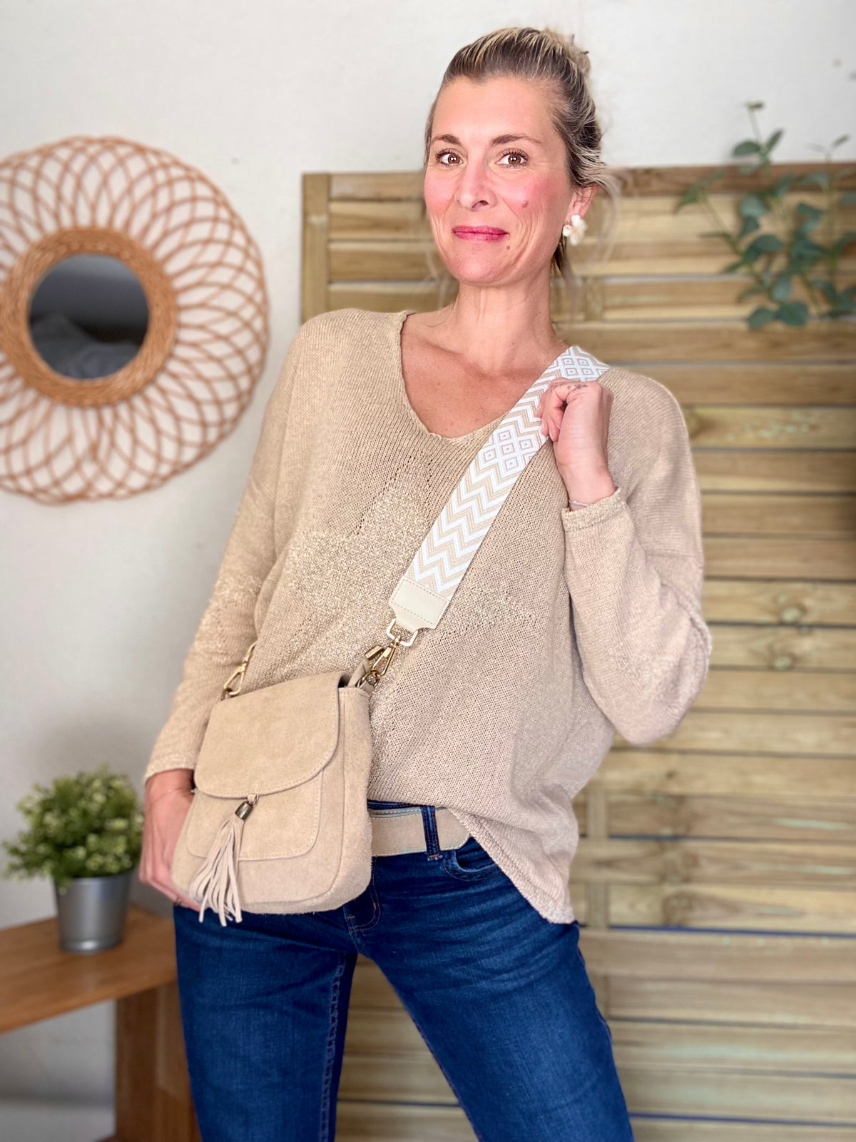 Sac bandoulière en cuir daim HORTENSE - Beige - FIN DE SÉRIE