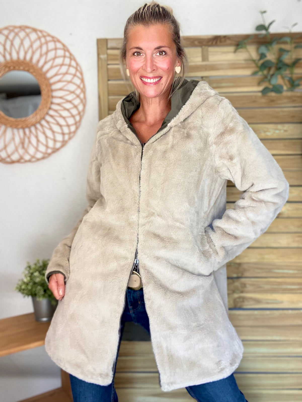 LAURA JO - Parka Imperméable réversible fourrée Kaki / Beige ALIX Long