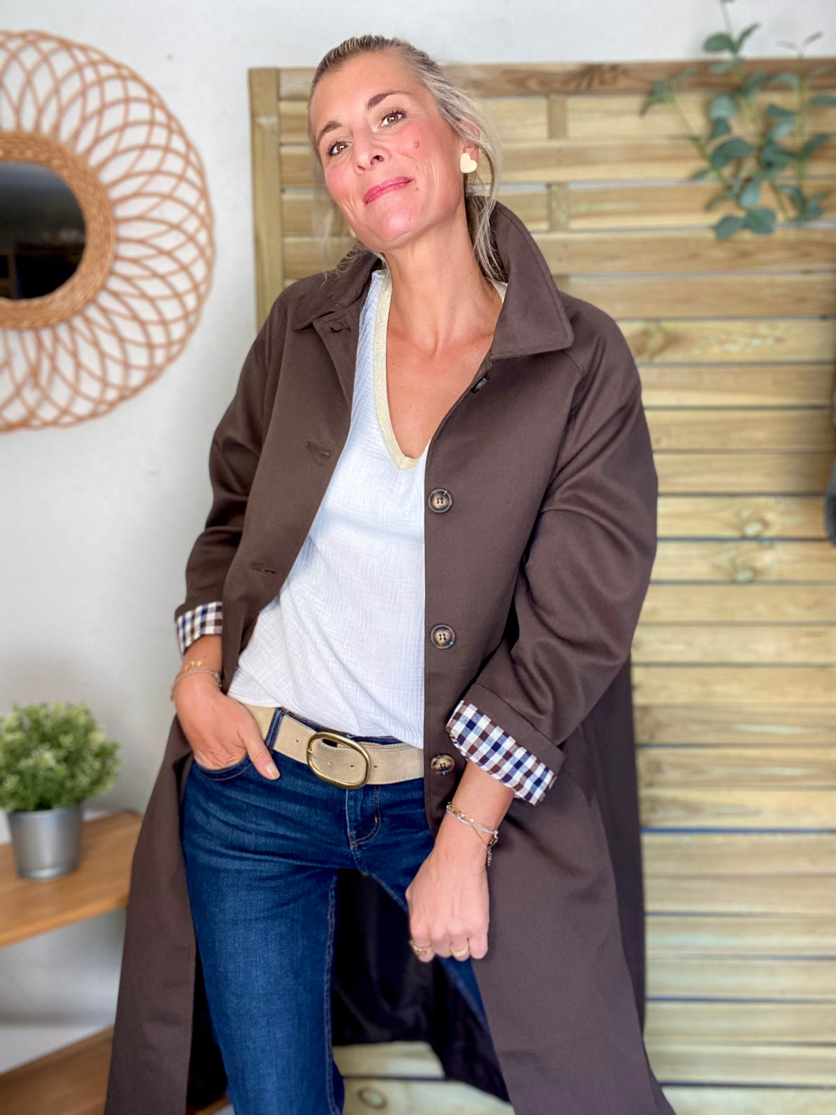Veste Trench en coton, revers carreaux - YSEULT long Chocolat