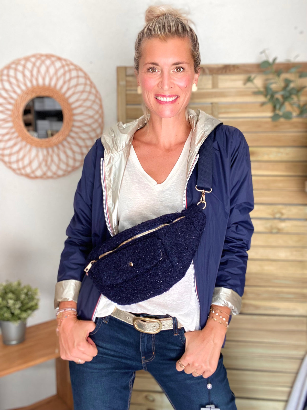 Sac banane XL moumoute lurex avec poche avant - CHELSEA - Marine - FIN DE SÉRIE
