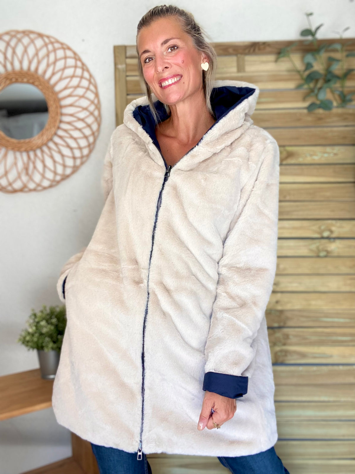 LAURA JO - Parka Imperméable réversible fourrée Bleu marine / Beige ALIX Long