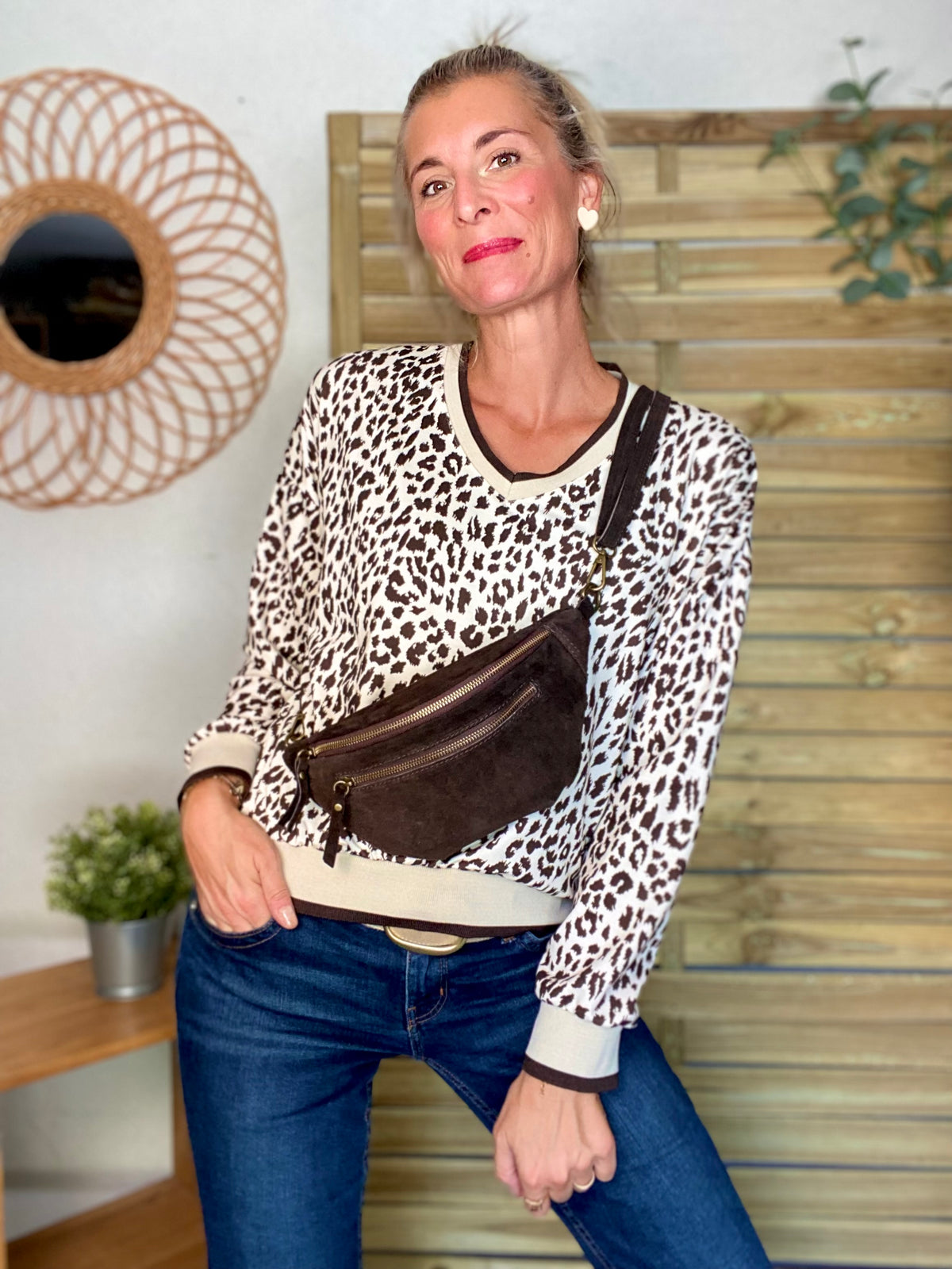 Sac banane double poche en cuir daim - OPALINE - Chocolat