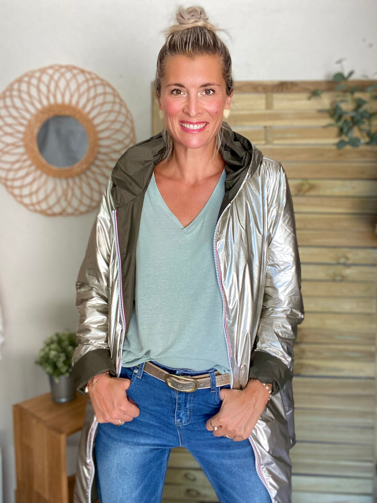 LAURA JO - Imperméable réversible rembourré LOUISON LONG - Kaki/Doré