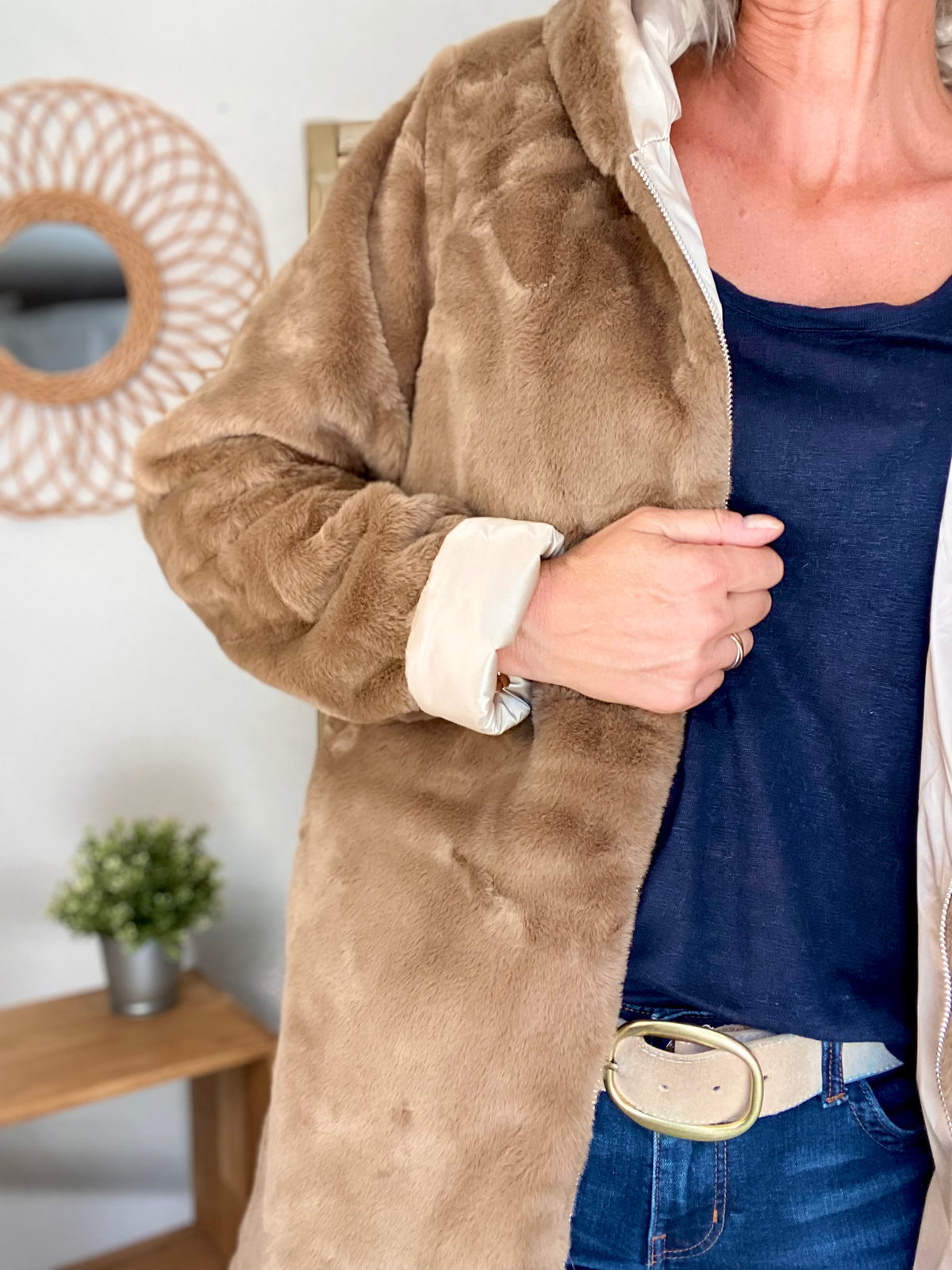 LAURA JO - Parka Imperméable réversible fourrée Sable irisé / Camel ALIX Long