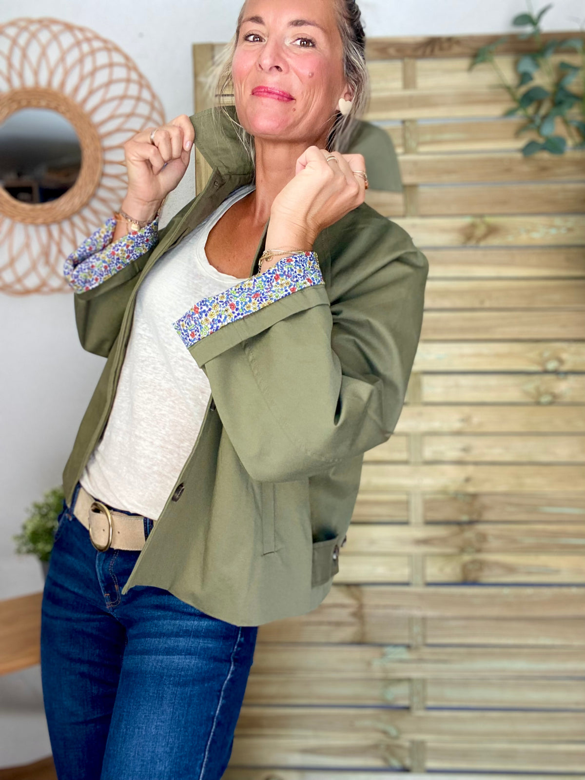 Veste Trench en coton kaki avec Liberty - MAHAUT - LILI et LALA