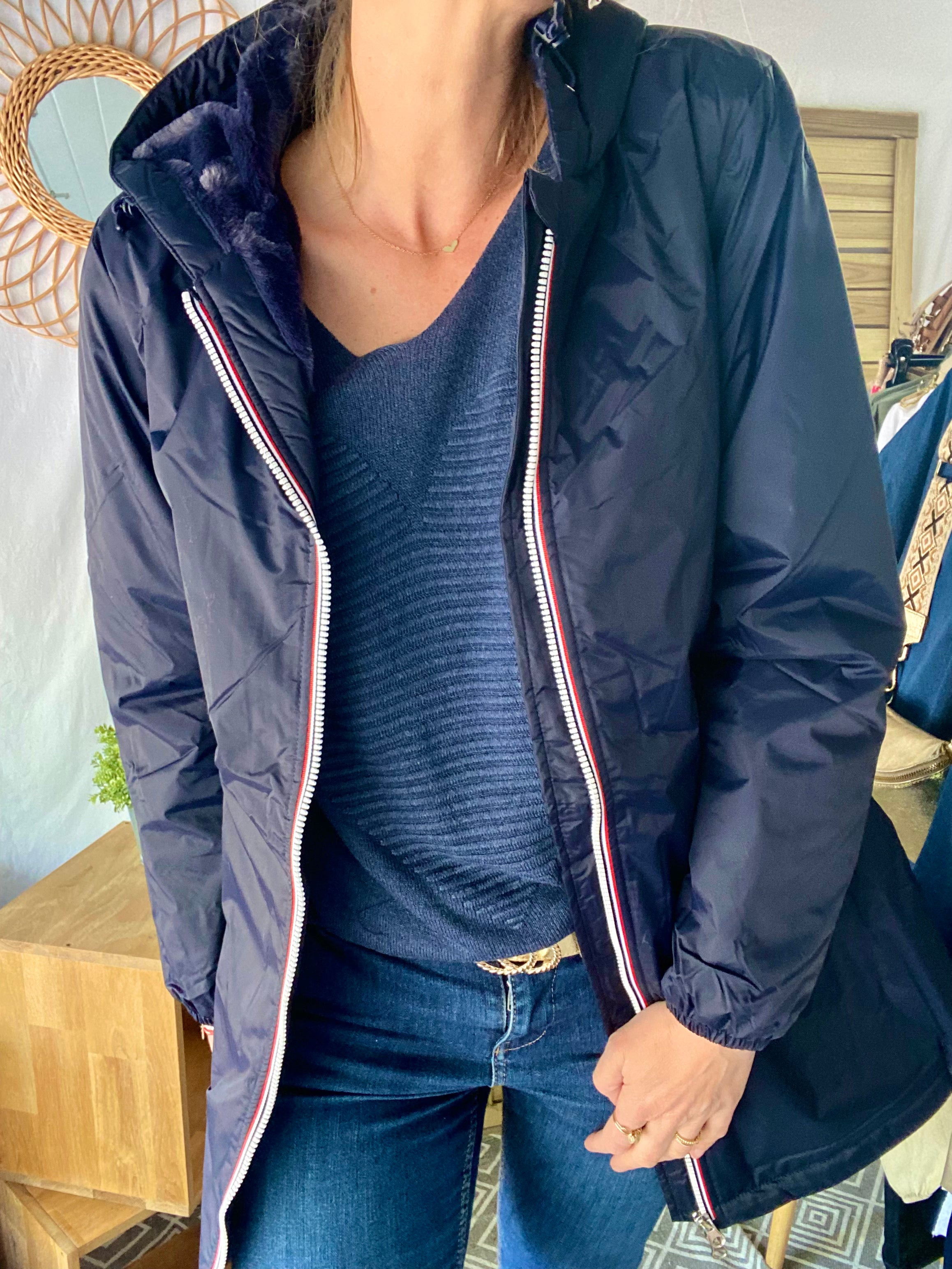 LAURA JO - Parka Imperméable LOUISE LONG fourré - Bleu Marine • DÉSTOCKAGE Taille S