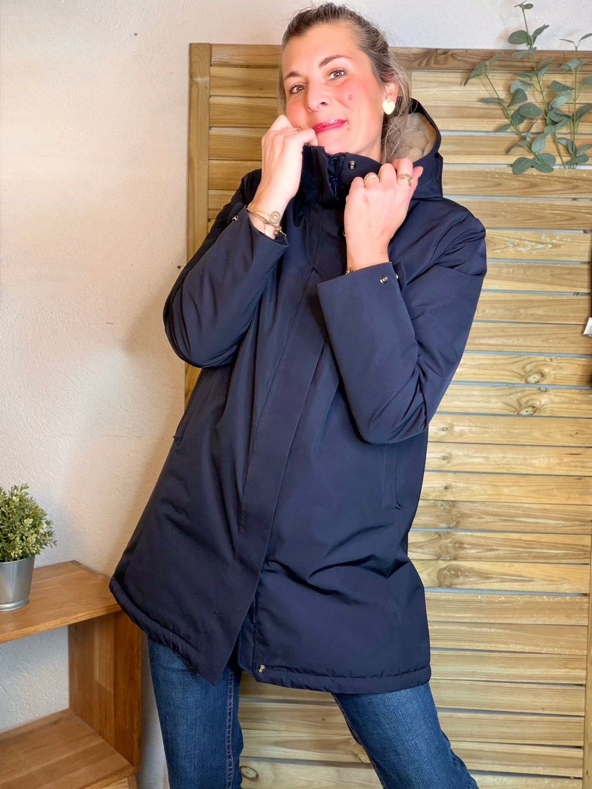 LAURA JO - Parka fourrée imperméable AMBRE LONG - Bleu marine / Beige