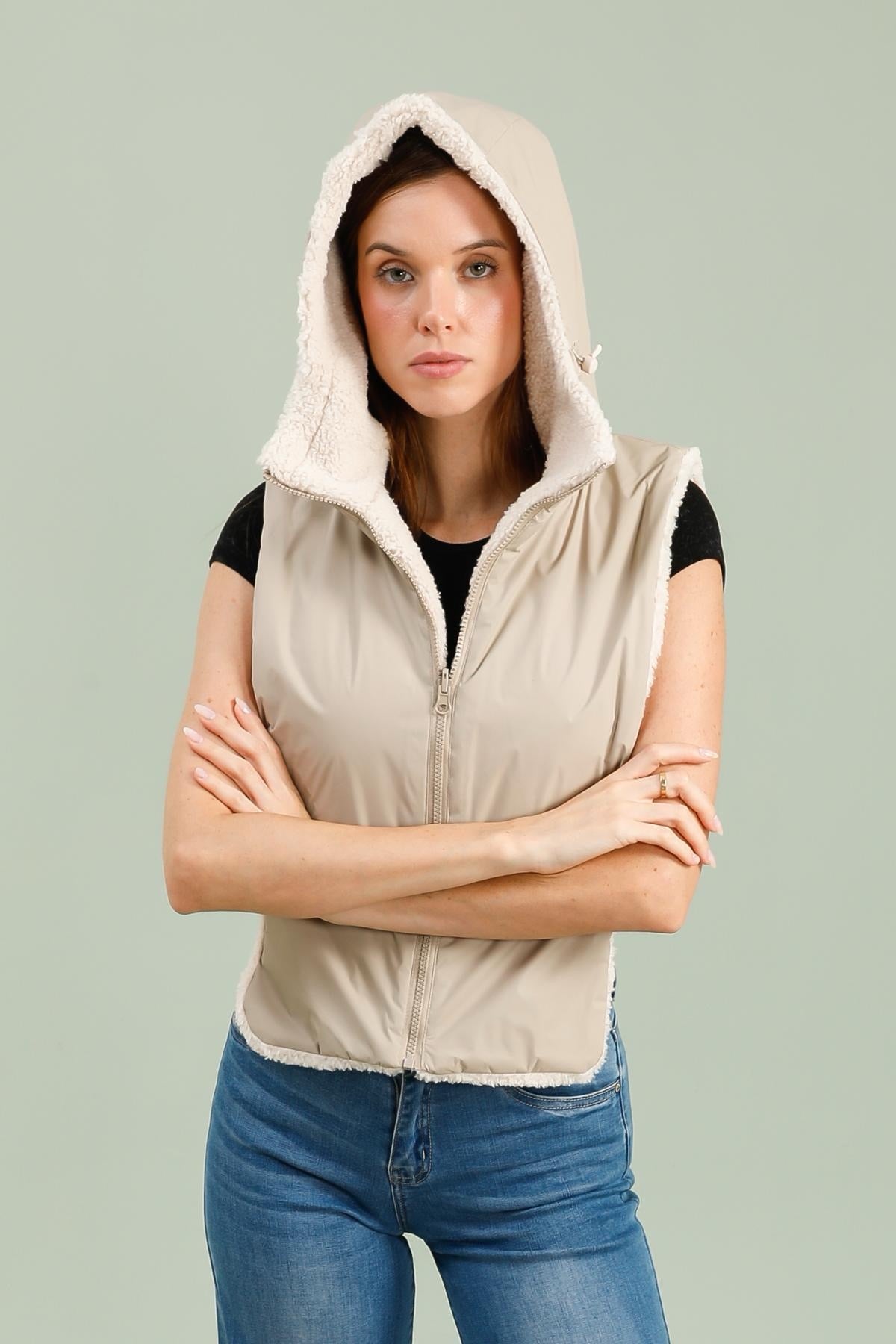 LAURA JO - Col capuche amovible réversible TONY - Beige / Sherpa écru