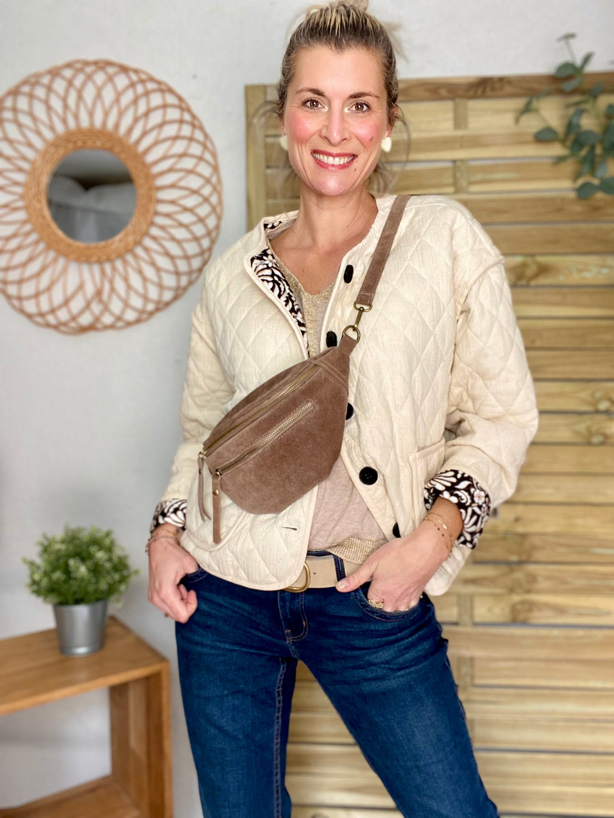 Sac banane double poche en cuir daim - OPALINE - Taupe