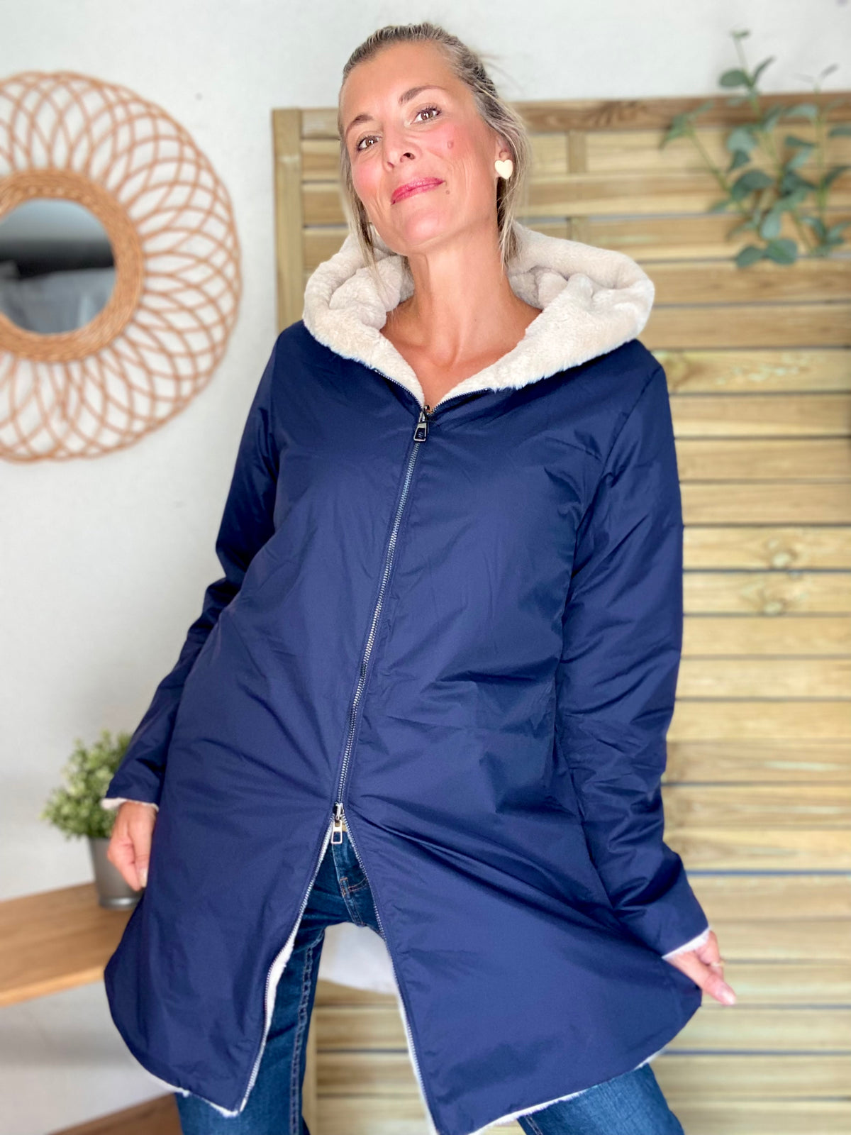 LAURA JO - Parka Imperméable réversible fourrée Bleu marine / Beige ALIX Long