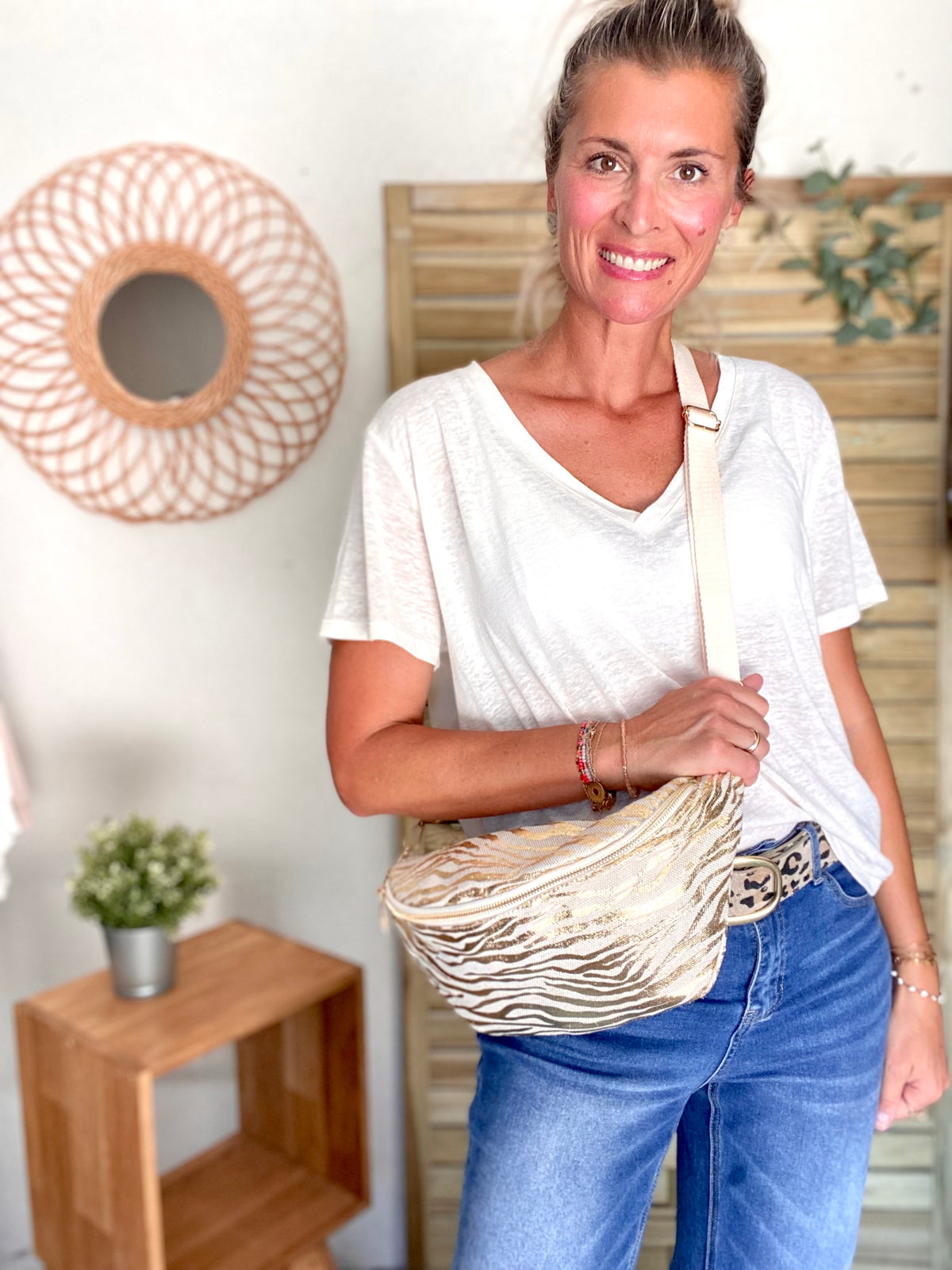 Sac banane XL en toile zebrée doré - KATE