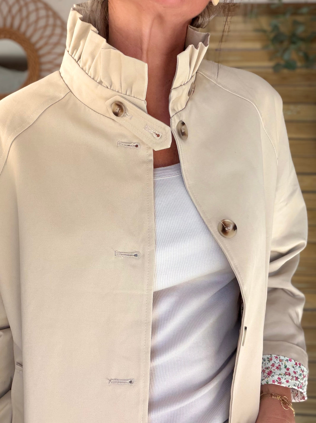 Veste Trench col victorien avec Liberty rose - VICTORIA Beige - FIN DE SÉRIE