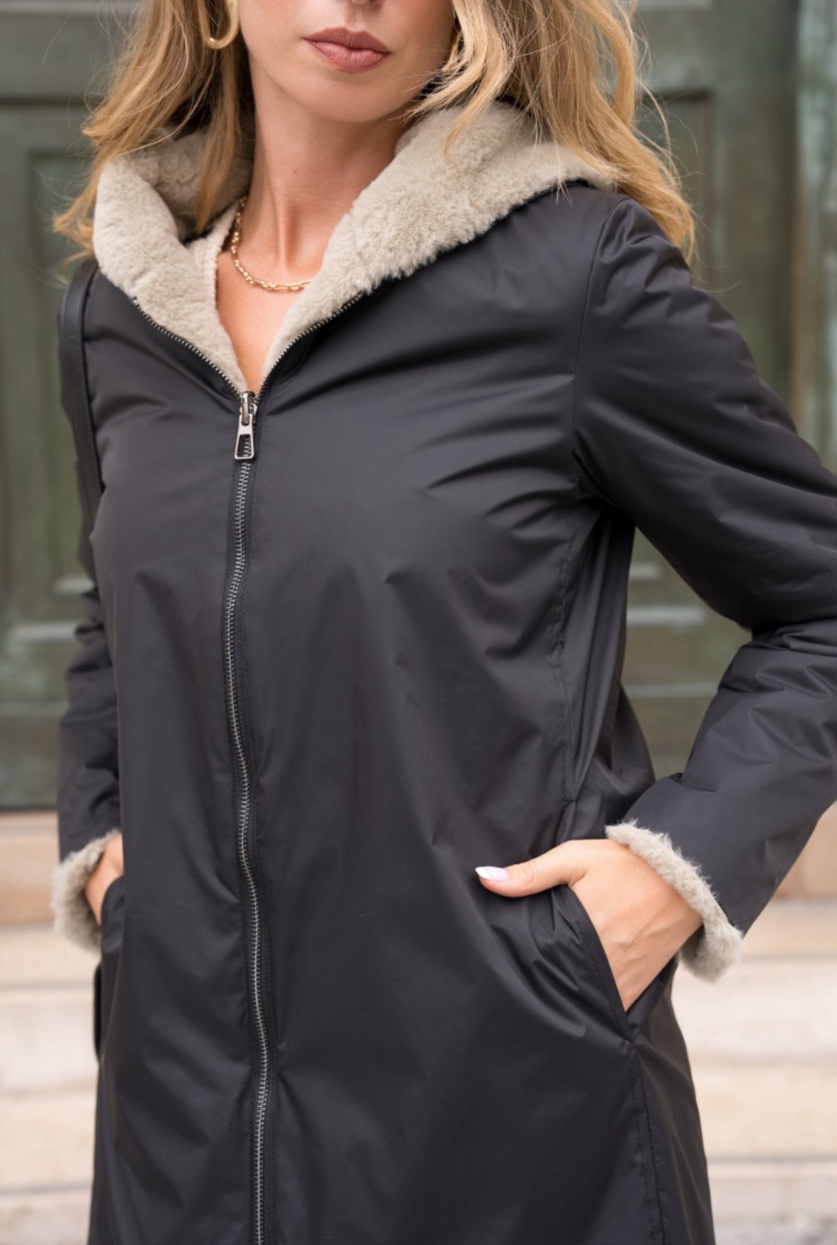 LAURA JO - Parka Imperméable réversible fourrée Noir / Beige ALIX long