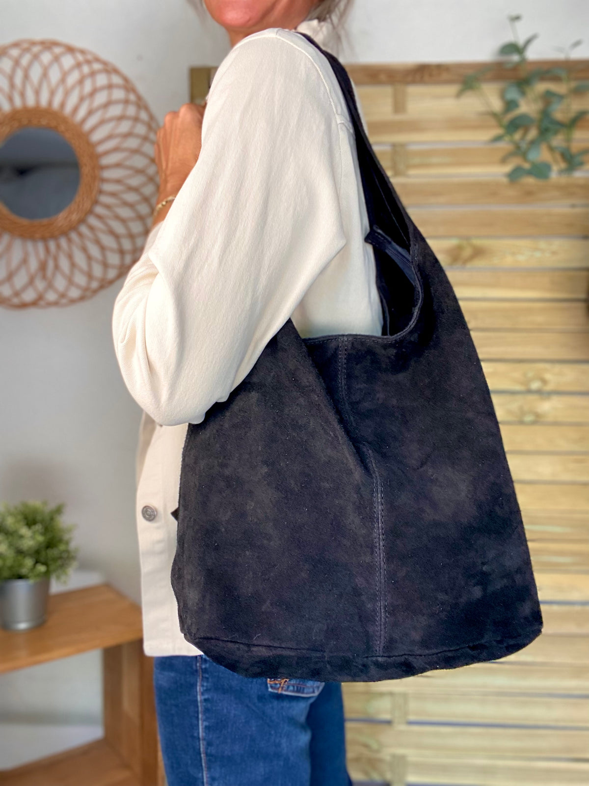 Sac cabas hobo cuir daim MARLON - Noir