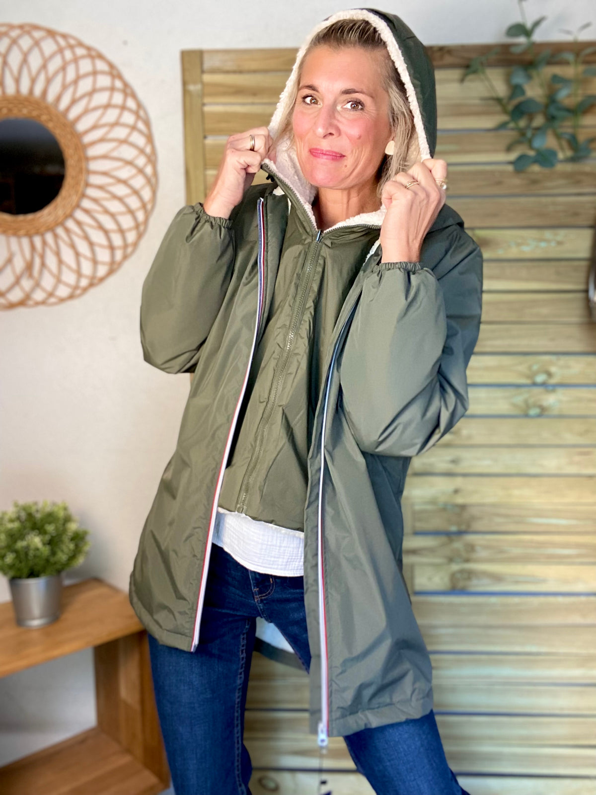 LAURA JO - Col capuche amovible réversible TONY - Kaki / Sherpa écru