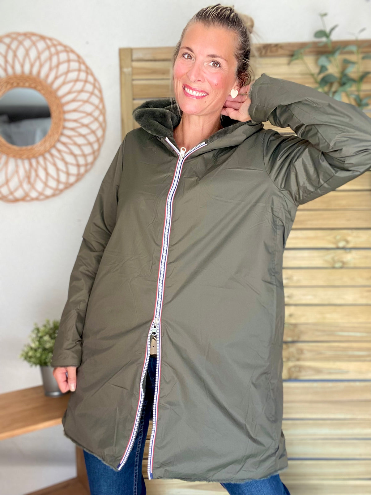 LAURA JO - Parka Imperméable réversible fourrée Kaki / Kaki ALIX Long • DÉSTOCKAGE sur Taille S