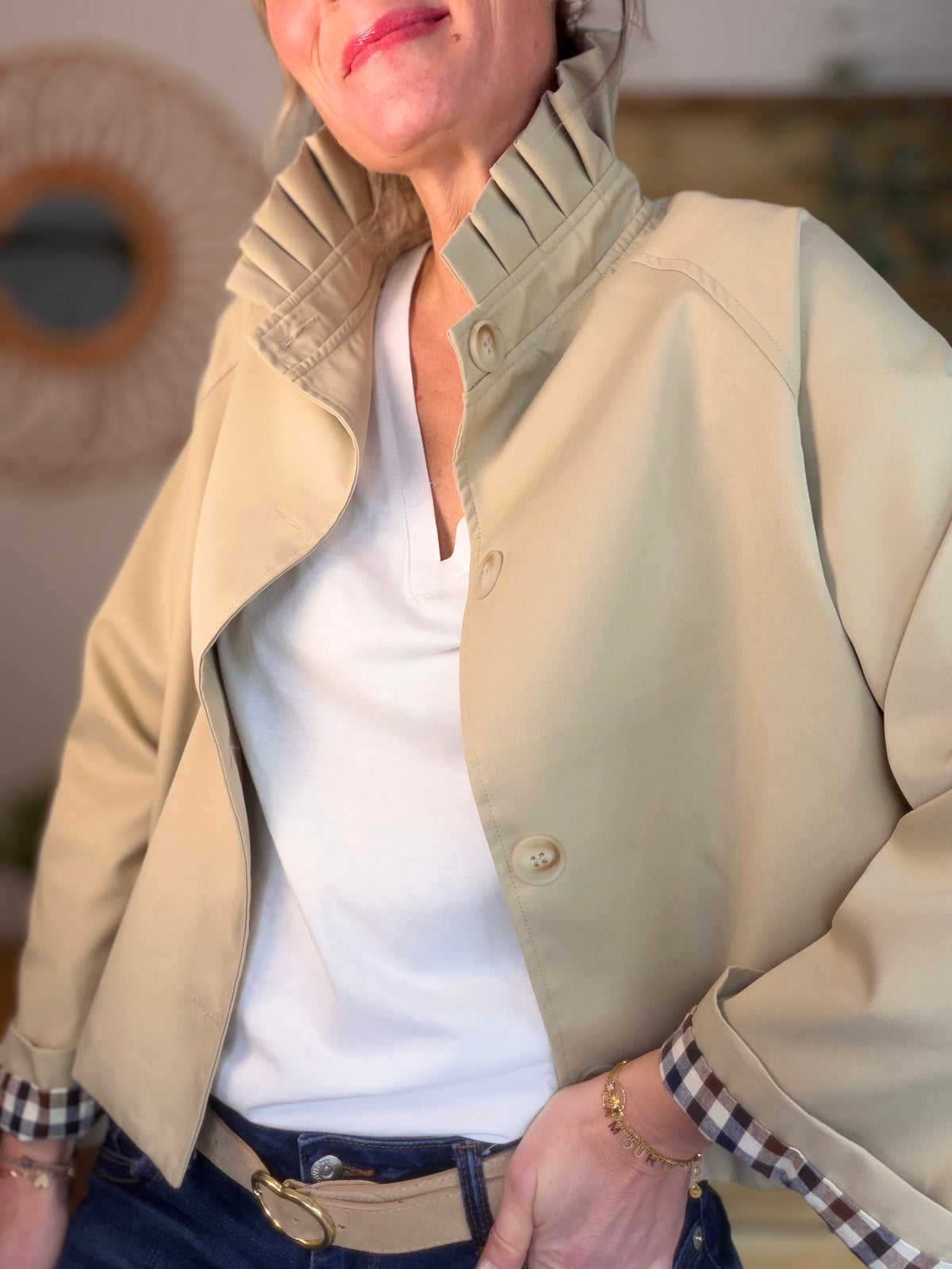 Veste Trench col victorien, revers carreaux - VICKY Beige