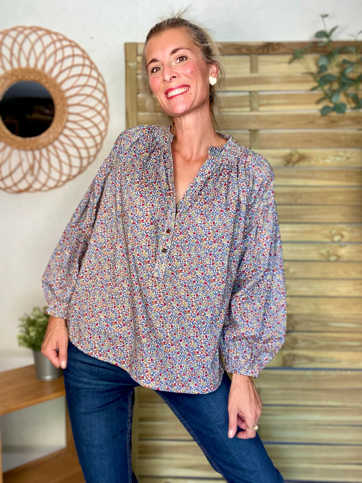 Blouse ample Liberty bleu EDWIGE - FIN DE SÉRIE