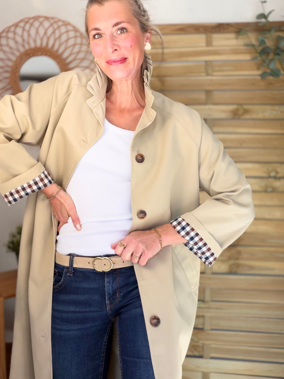 Veste Trench col victorien, revers carreaux - VICKY LONG Beige
