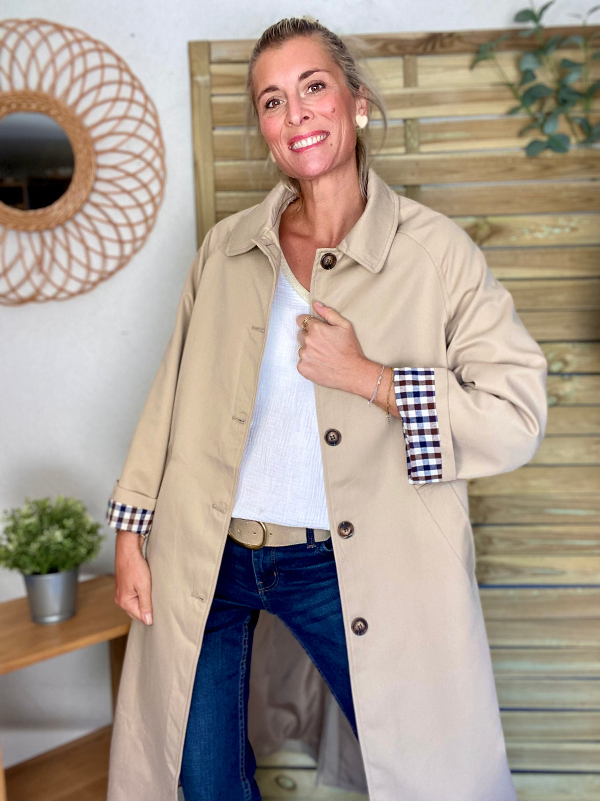 Veste Trench en coton, revers carreaux - YSEULT long Beige