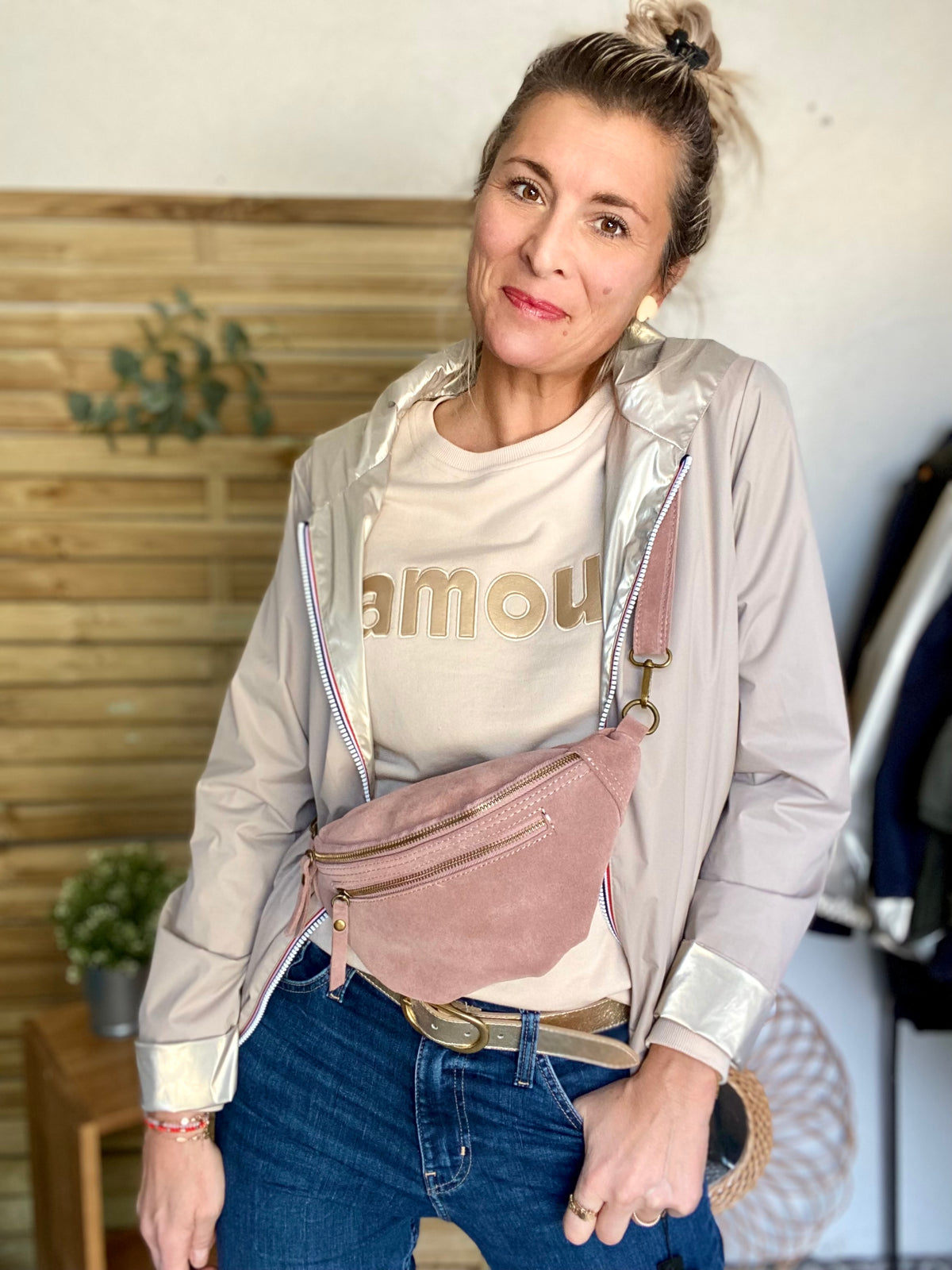 Sac banane double poche en cuir daim - OPALINE - Rose clair / Vieux rose