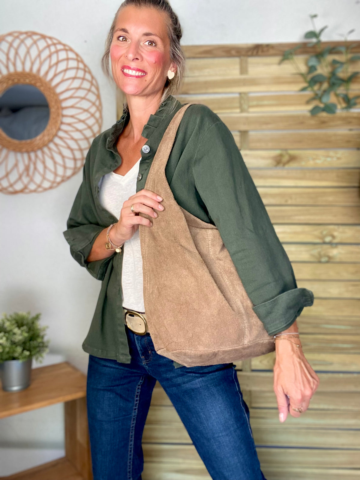Sac cabas hobo cuir daim MARLON - Beige taupe