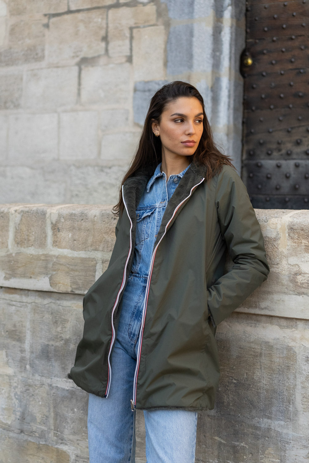 LAURA JO - Parka Imperméable réversible fourrée Kaki / Kaki ALIX Long • DÉSTOCKAGE sur Taille S
