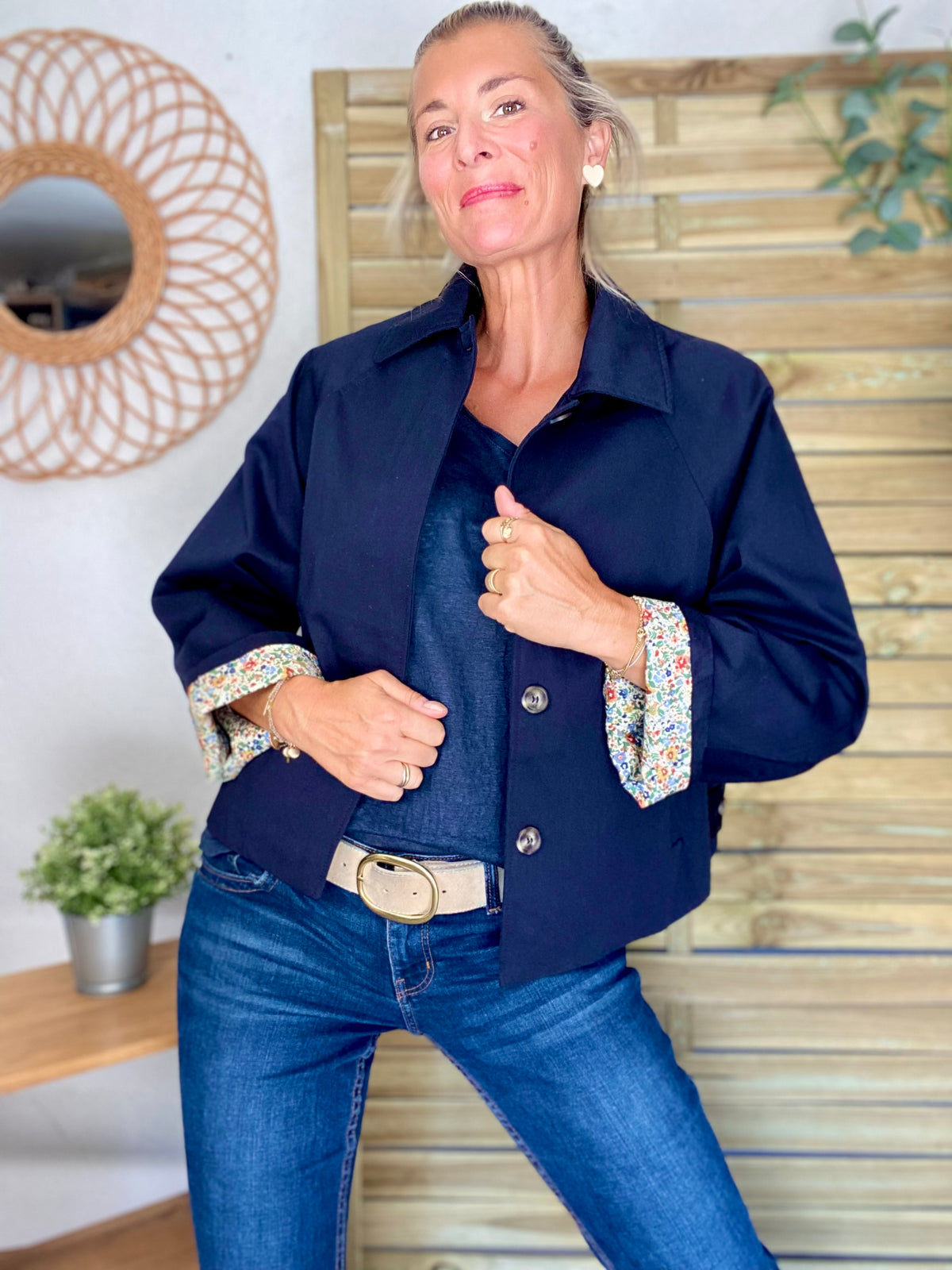 Veste Trench en coton bleu marine avec Liberty - MAHAUT- LILI et LALA