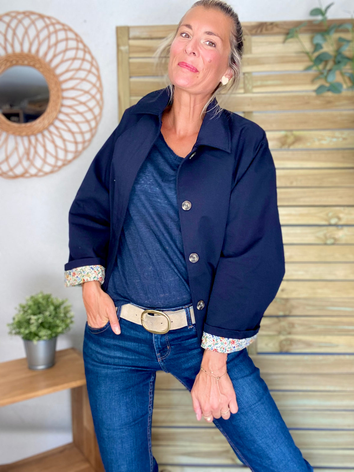 Veste Trench en coton bleu marine avec Liberty - MAHAUT- LILI et LALA