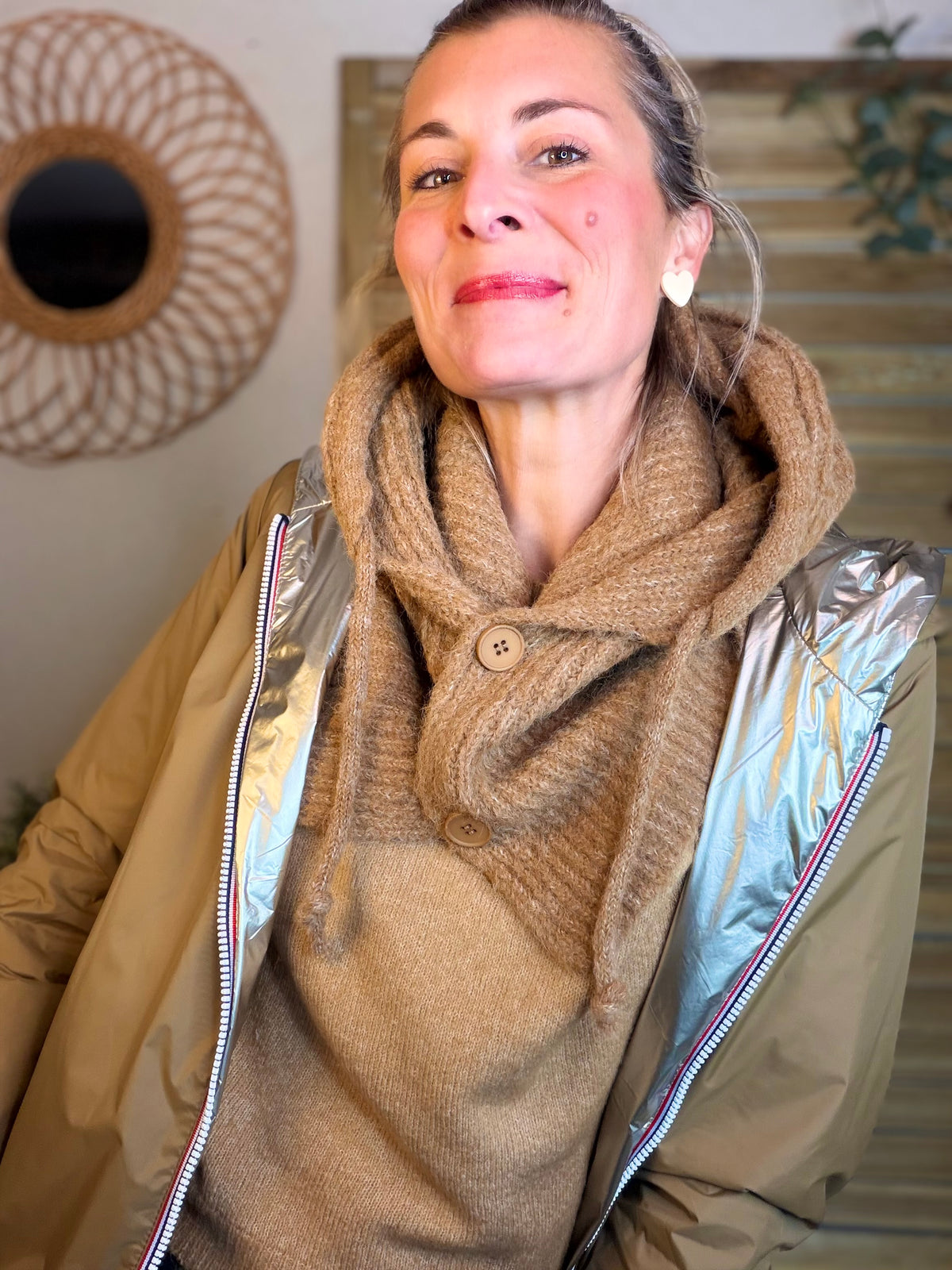 Col cagoule LORIE en maille avec boutons - Camel