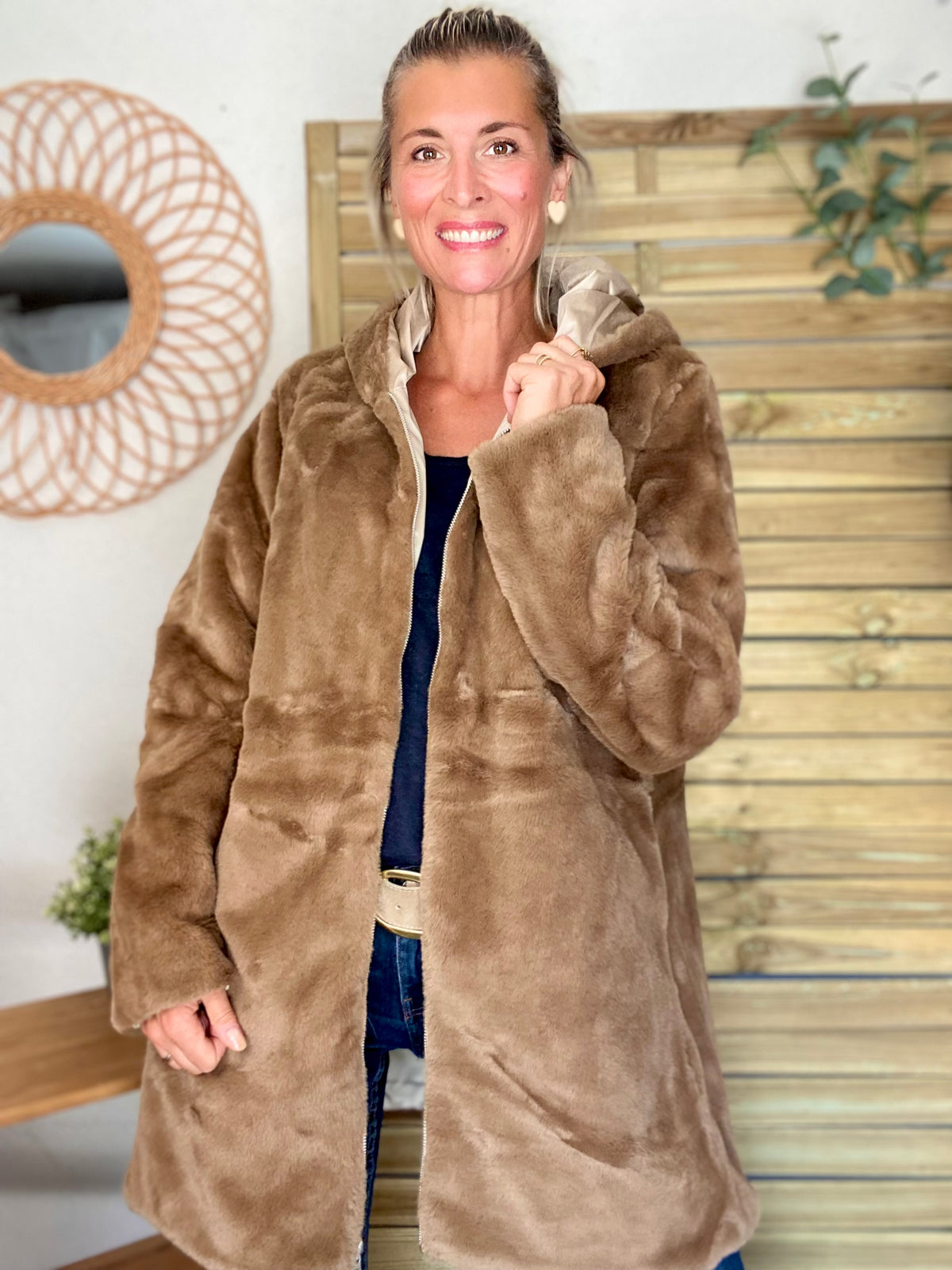 LAURA JO - Parka Imperméable réversible fourrée Sable irisé / Camel ALIX Long