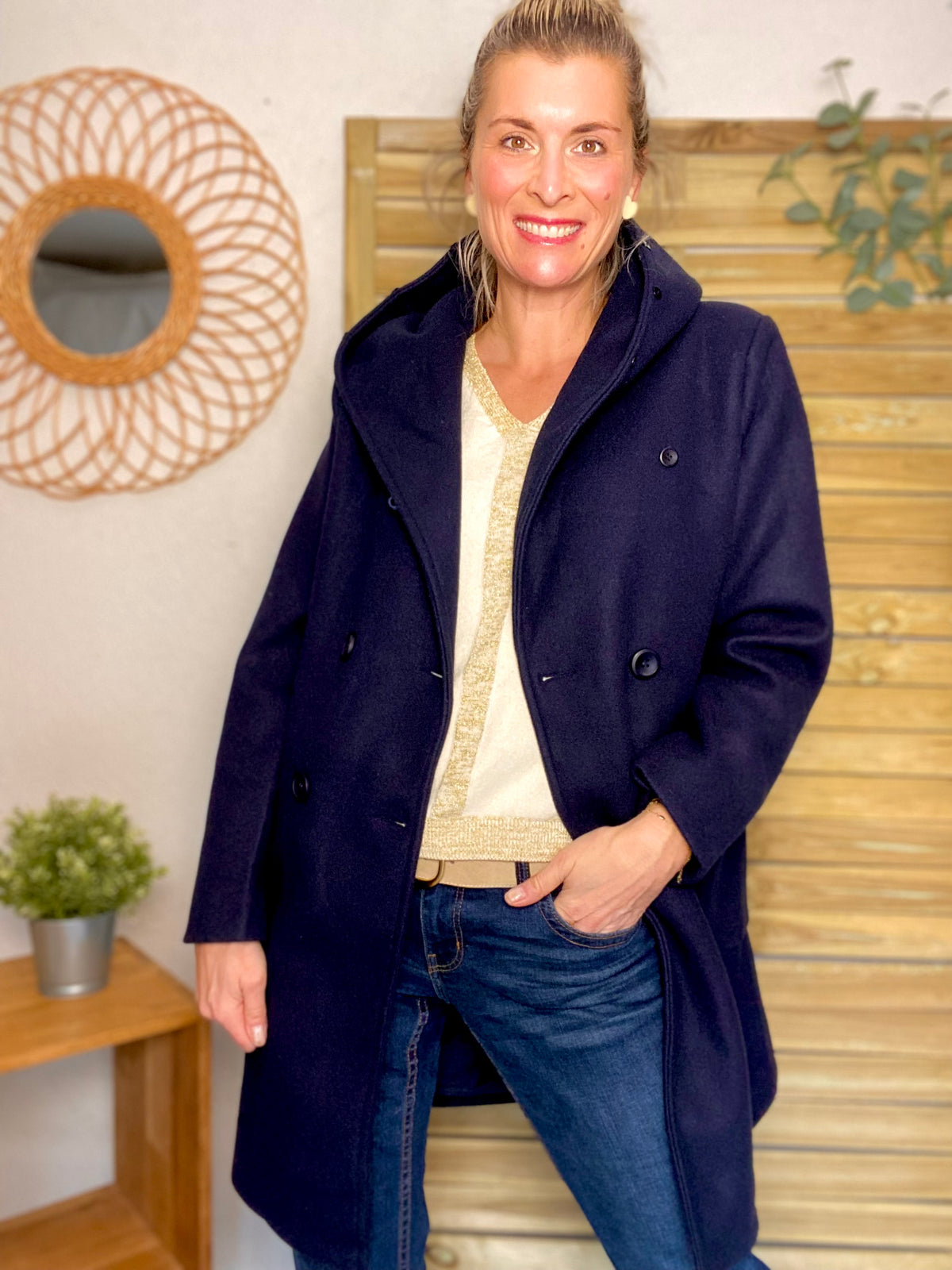 LAURA JO - Manteau caban ESTHER avec capuche et col fausse fourrure amovible - Bleu marine - FIN DE SÉRIE
