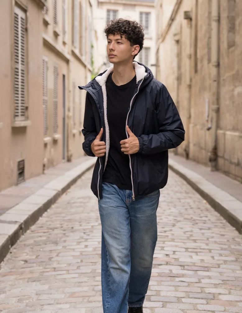 LAURA JO - Parka Imperméable Homme LOUIS* COURT Bleu marine / sherpa écru