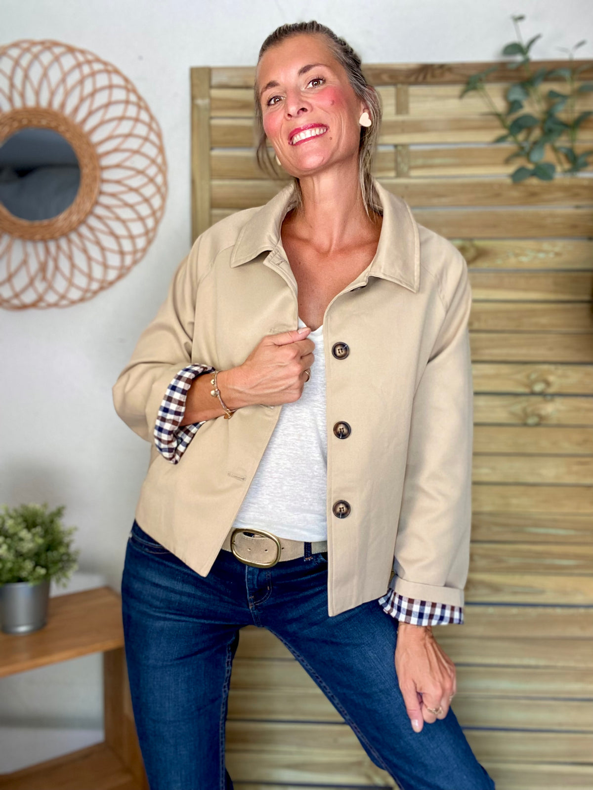 Veste Trench en coton, revers carreaux - YSEULT court Beige