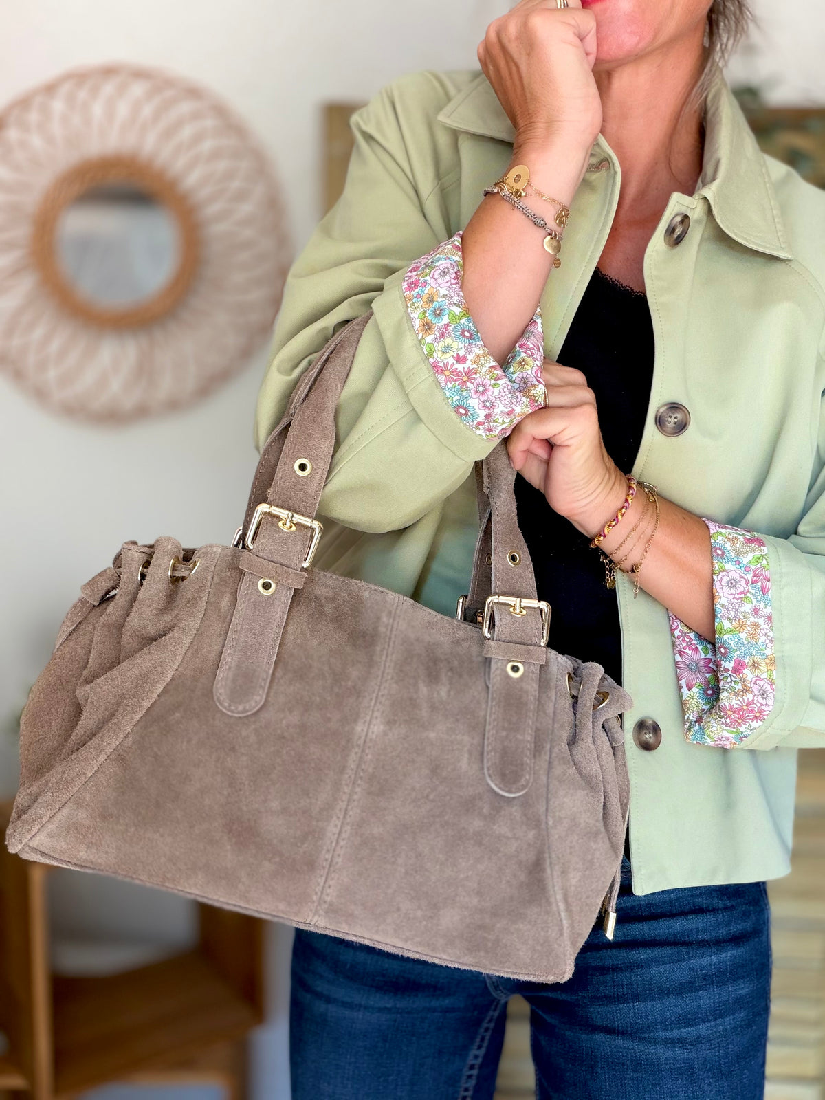 Sac à main en cuir daim GERY - Taupe