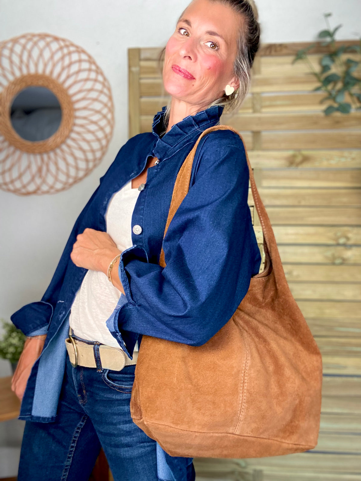 Sac cabas hobo cuir daim MARLON - Camel