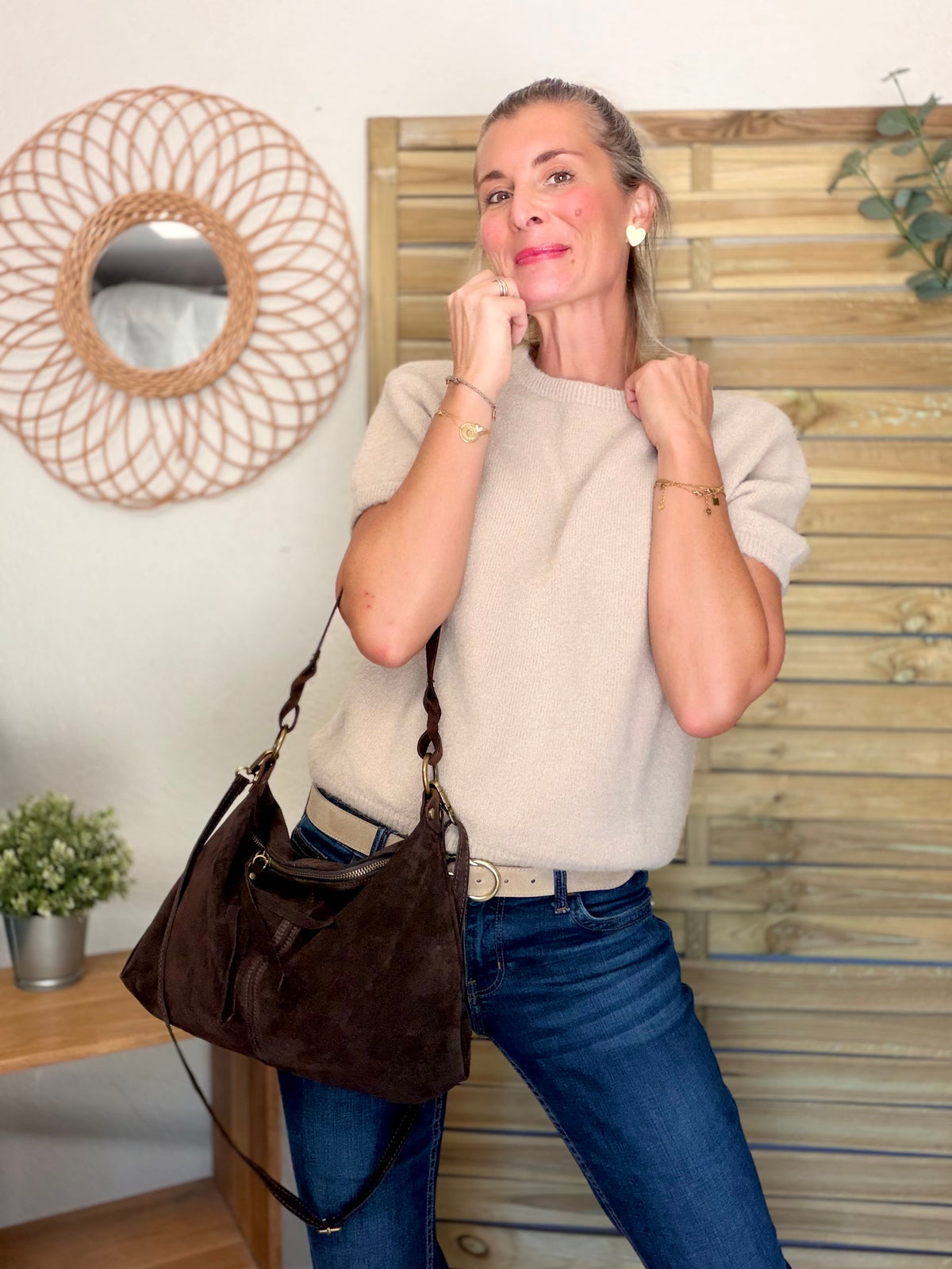 Sac hobo en cuir daim souple, double bandoulière ANDREW Chocolat