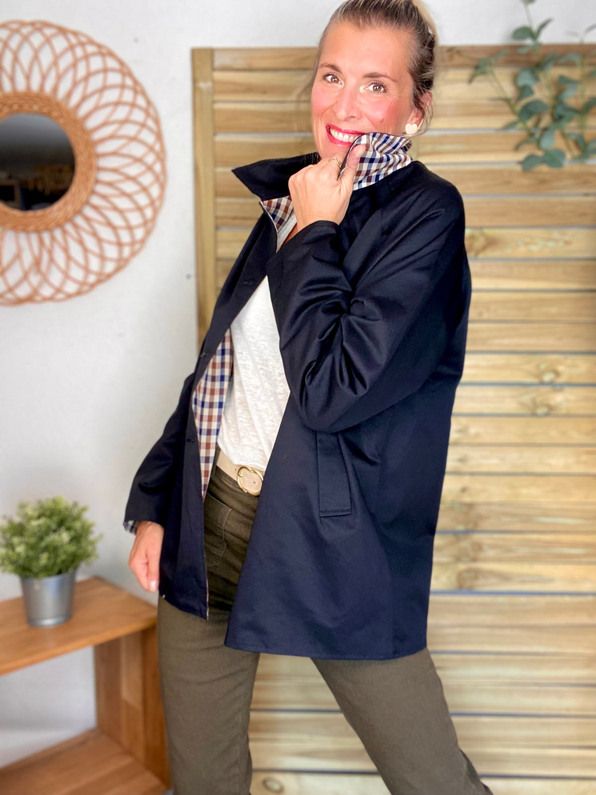 Veste Trench mi long réversible vichy LENA Noir - FIN DE SÉRIE